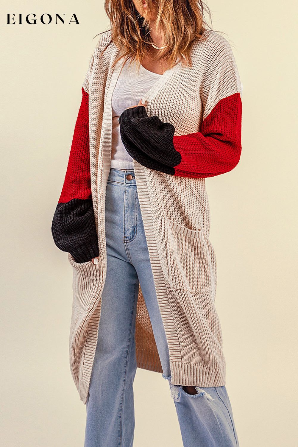 Color Block Rib-Knit Longline Cardigan with Front Pockets Apricot cardigan clothes long sleeve Ship From Overseas SYNZ