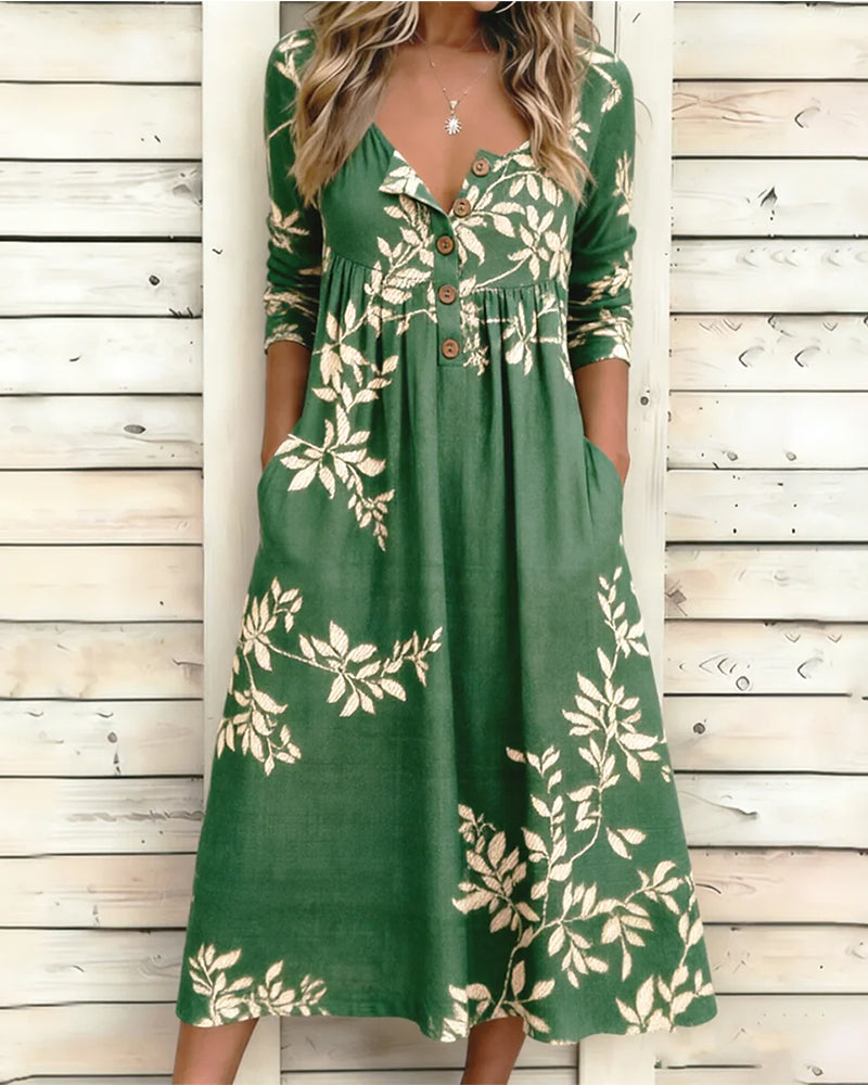 Botanical Print Button Shirred Dress