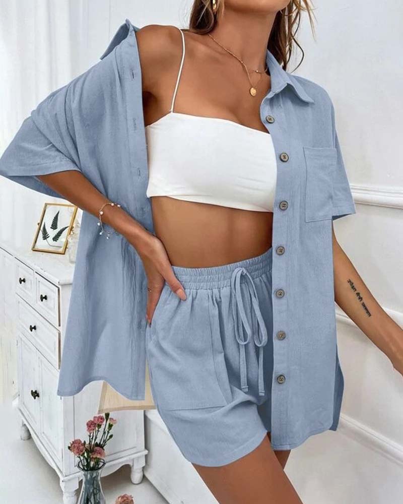 Casual solid color shirt and shorts set 202466 summer two-piece sets