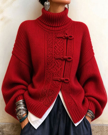 Vintage Knot Button Turtleneck Fashion Pullover
