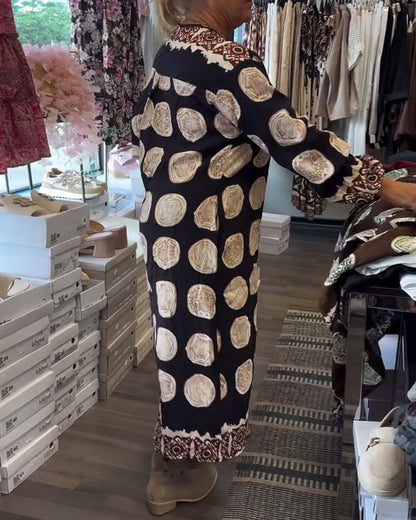 Long-Sleeved V-Neck Printed Dress