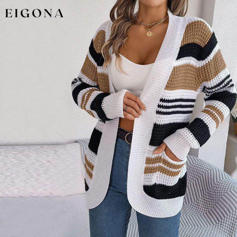 Casual Striped Knitted Cardigan Khaki best Best Sellings cardigan cardigans clothes Sale tops Topseller