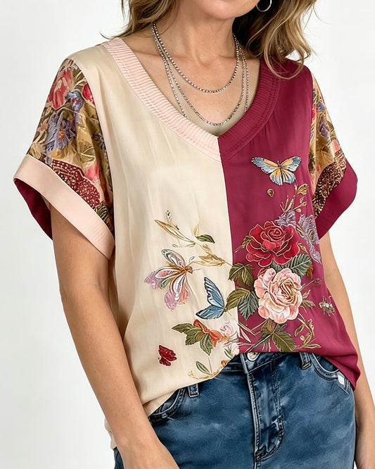 V-Neck Asymmetric Patchwork Floral Blouse blouses & shirts spring summer