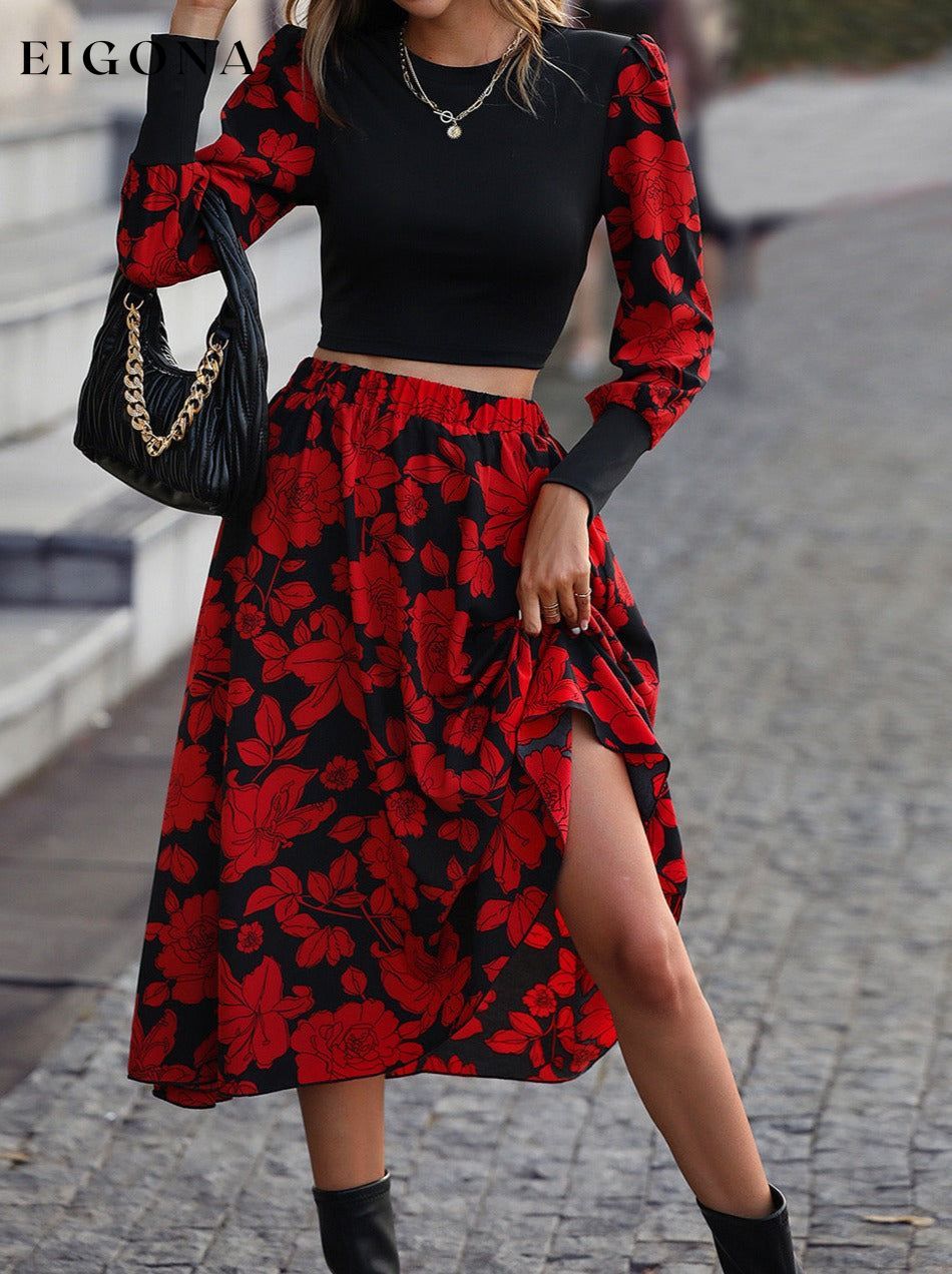 Round Neck Lantern Sleeve Floral Print Top and Skirt Set 2 pieces clothes Hanny set Ship From Overseas Shipping Delay 09/29/2023 - 10/04/2023 trend
