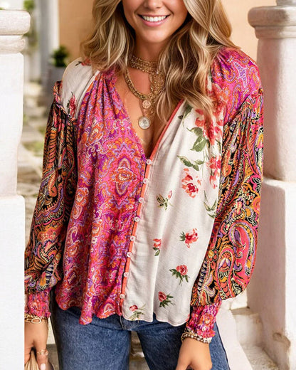 V-neck single-breasted printed blouse 2024 f/w blouses & shirts spring