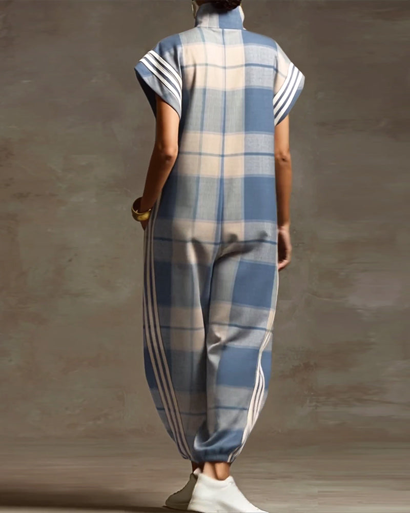 Plaid Stand Collar Zipper Loose Jumpsuit