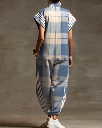 Plaid Stand Collar Zipper Loose Jumpsuit