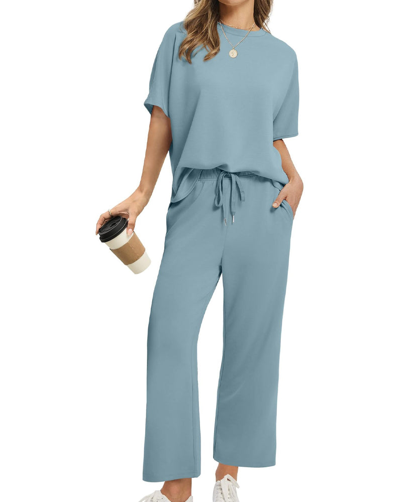 Solid Color Crew Neck Short-Sleeved Suit