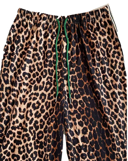 Color-Block Leopard Print Drawstring Straight-Leg Pants