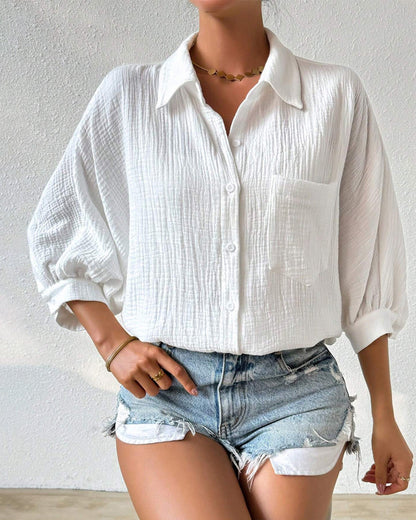 Solid Color Lapel Pleated Lantern Sleeve Shirt
