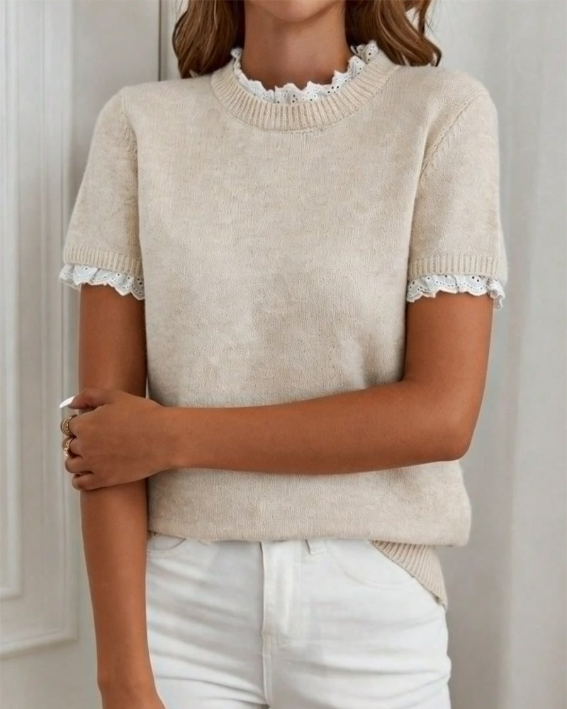 Lace Ruffle Patchwork Mock Two-Piece Pullover