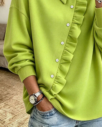 Lapel Ruffled Diagonal Button Sweatshirt