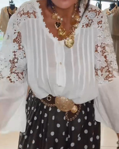 Cut-Out Lace Flare Sleeve Blouse