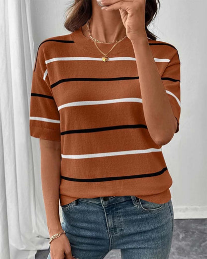 Stripe Contrast Color Short Sleeve Knit Pullover