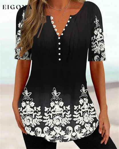 V-neck short-sleeved printed T-shirt Black 23BF clothes Short Sleeve Tops Summer T-SHIRTS Tops/Blouses
