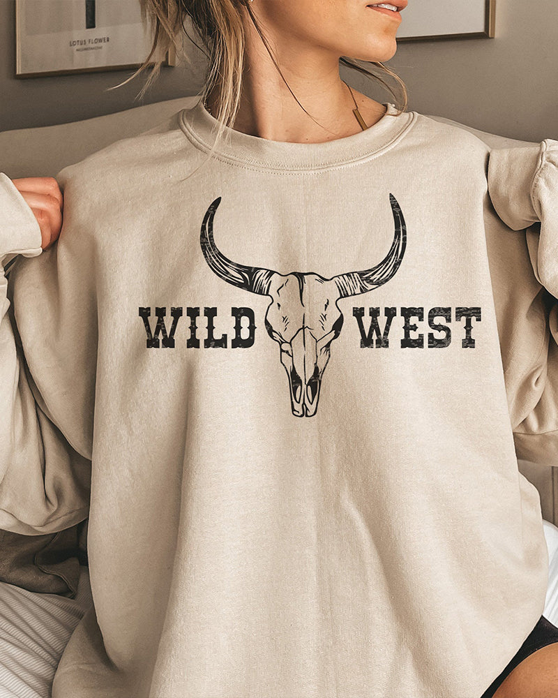 Women's Longhorn Cowskull Print Crewneck Sweatshirt 2024 f/w sweatshirts western style