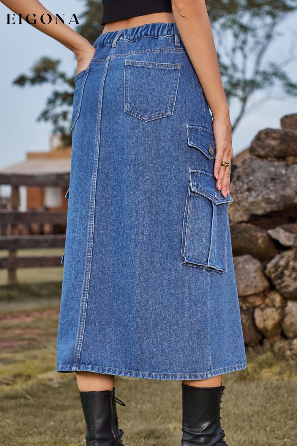 Slit Front Midi Denim Skirt with Pockets clothes Manny Ship From Overseas Shipping Delay 10/01/2023 - 10/03/2023 trend