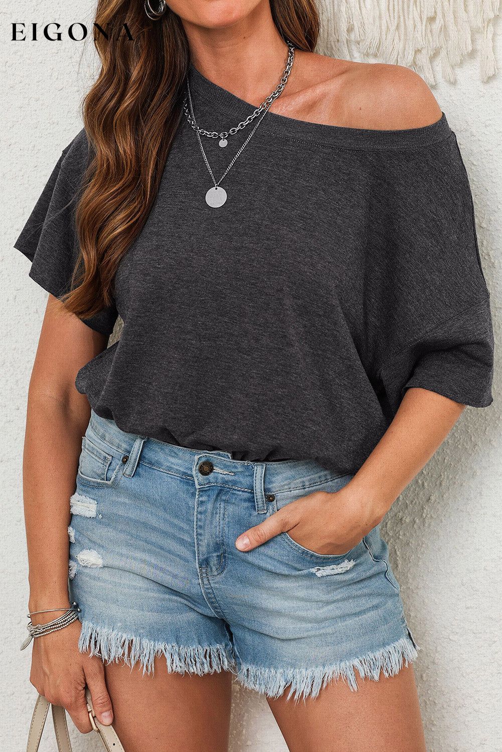 Dark Gray Drop Shoulder Sleeve Oversize Bodysuit clothes Collar Off Shoulder Occasion Daily oversized bodysuit Print Solid Color Season Summer shirt short sleeve Style Casual top
