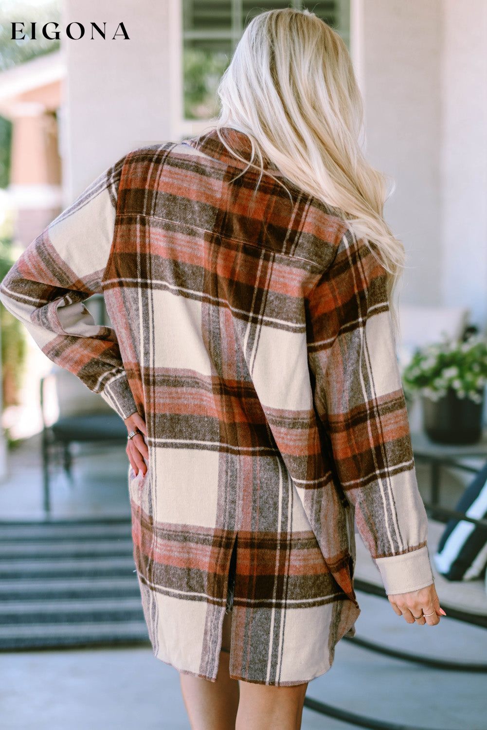 Brown Plaid Print Flap Pockets Long Shacket All In Stock Category Shacket clothes DL Exclusive DL Out West Fall To Winter Hot picks jacket Jackets & Coats Occasion Daily Print Plaid Season Winter Style Casual
