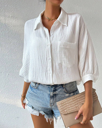 Solid Color Lapel Pleated Lantern Sleeve Shirt