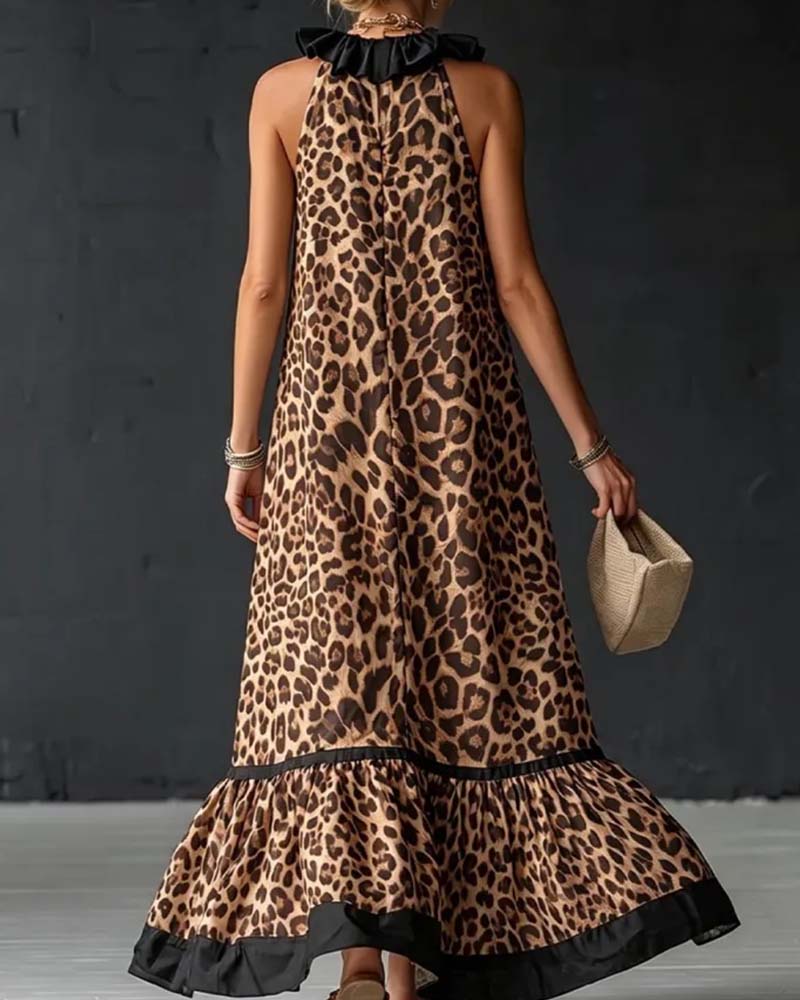 Sleeveless Ruffled Leopard Print Dress
