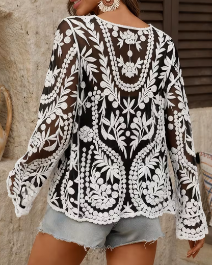 See-Through Long Sleeve Mesh Blouses