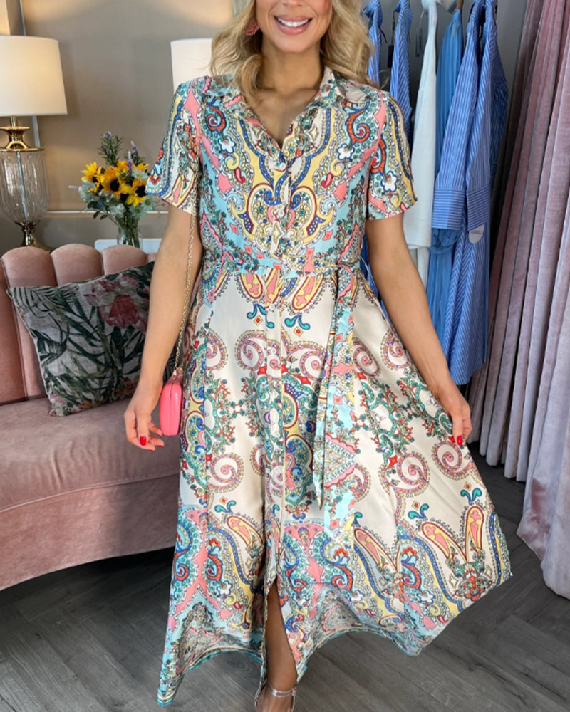 Elegant printed slit lapel short-sleeve dress casual dresses summer