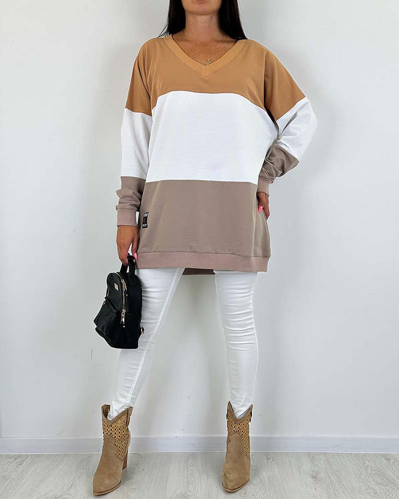 Casual color block printed V-neck loose sweatshirt 2024 f/w spring sweatshirts