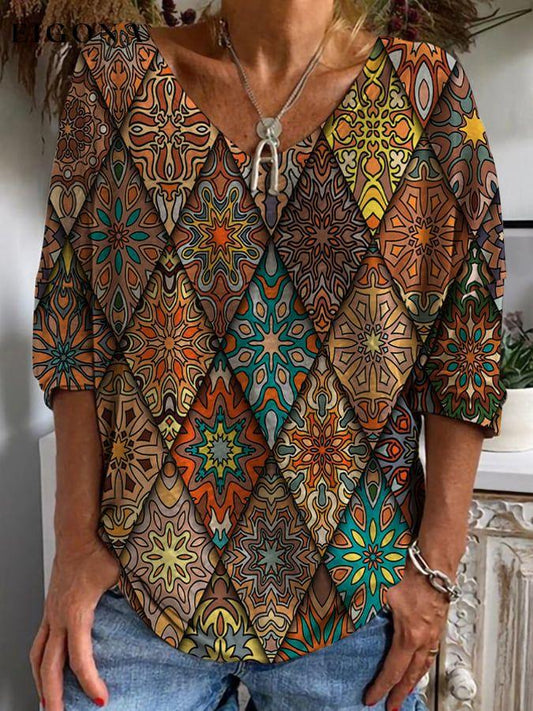 Women's Vintage Ethnic Floral Print V-Neck Long Sleeve T-Shirt top tops