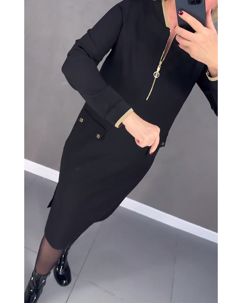 Stand collar contrast zipper shift dress 2024 f/w casual dresses