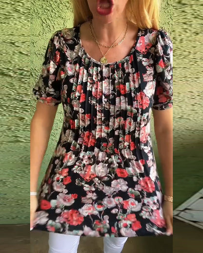 Round Neck Puff Sleeve Pleated Floral Blouse