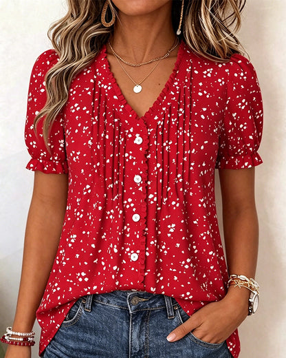 V-Neck Pleated Tiny Floral Blouse