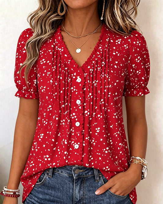 V-Neck Pleated Tiny Floral Blouse blouses & shirts spring summer