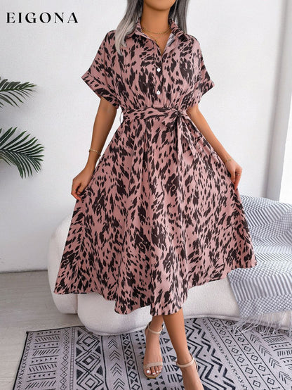 Printed Collared Neck Short Sleeve Tie Waist Dress B.J.S casual dress casual dresses clothes dress dresses midi dress Ship From Overseas short sleeve short sleeve dress