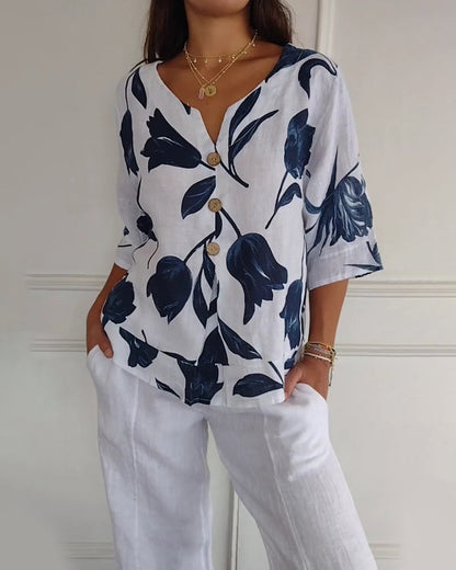 Floral print cotton and linen button-down top