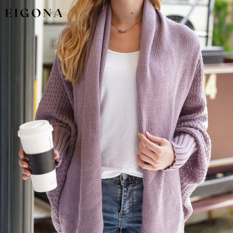 Double Take Sleeve Open Front Ribbed Trim Longline Cardigan Purple One Size cardigan cardigans clothes Double Take Ship From Overseas sweaters