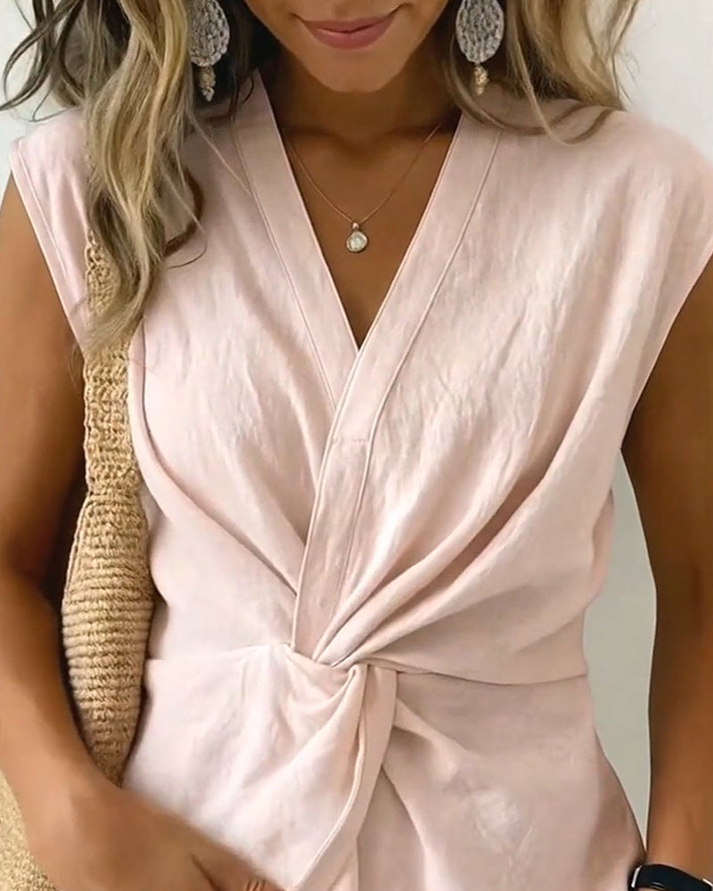 Knotted V-Neck Sleeveless Blouse