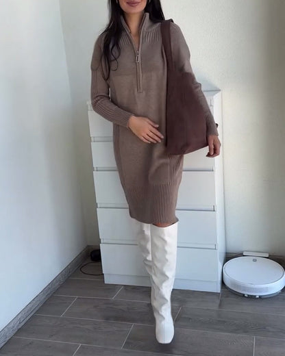 Casual solid color stand collar zipper sweater dress 2024 f/w sweater dresses