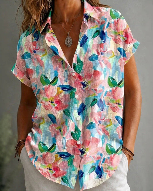 Turn-Down Collar Print Short-Sleeve Shirt blouse&shirts spring summer