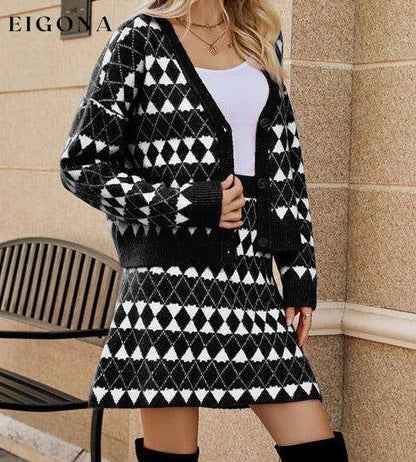 Geometric Button Front Cardigan and Skirt Set clothes Ship From Overseas X.X.W