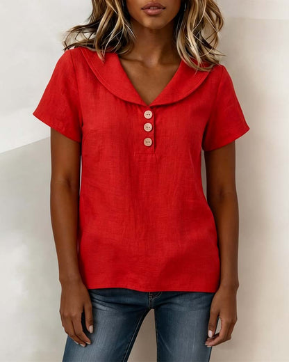V Neck Peter Pan Collar Button Short Sleeve T-shirt