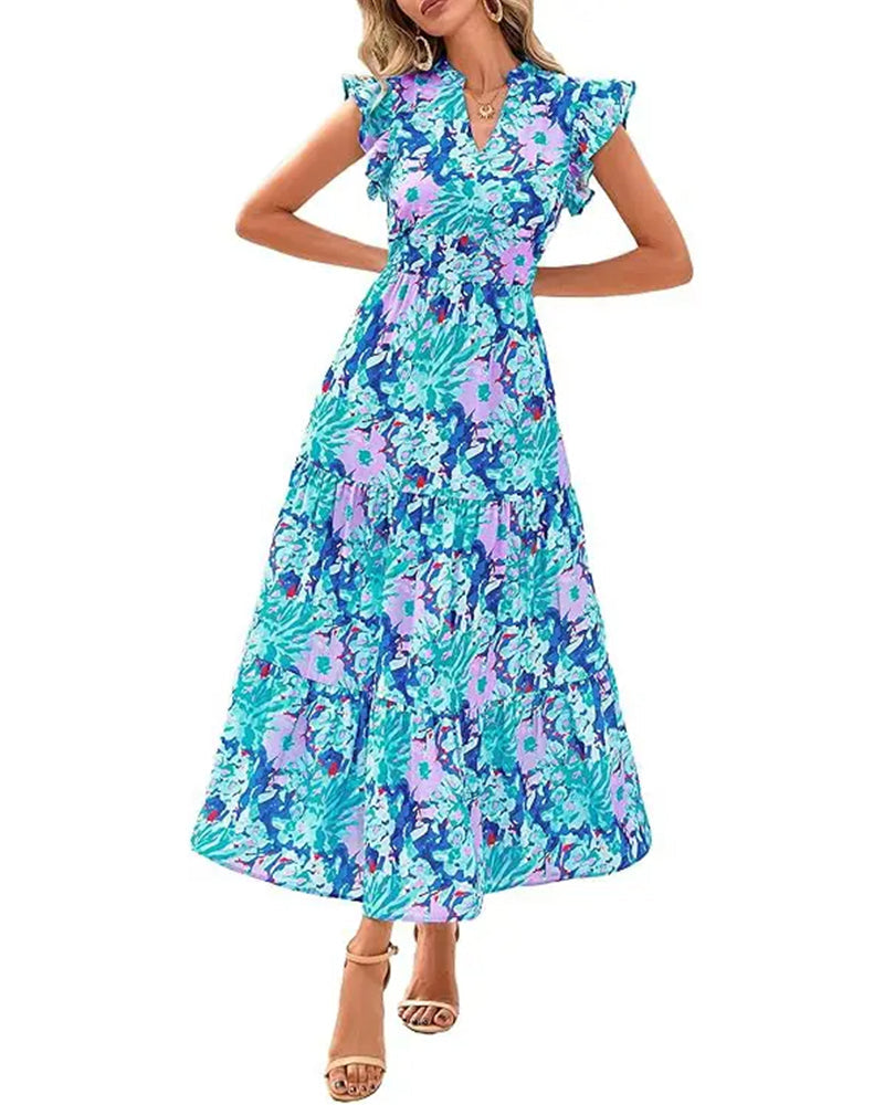 Ruffle Flutter Sleeve Floral Long Dress