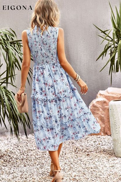 Frill Trim Smocked Sleeveless Floral Midi Dress casual dress casual dresses clothes dress dresses DY midi dress Ship From Overseas short sleeve dress short sleeve dresses