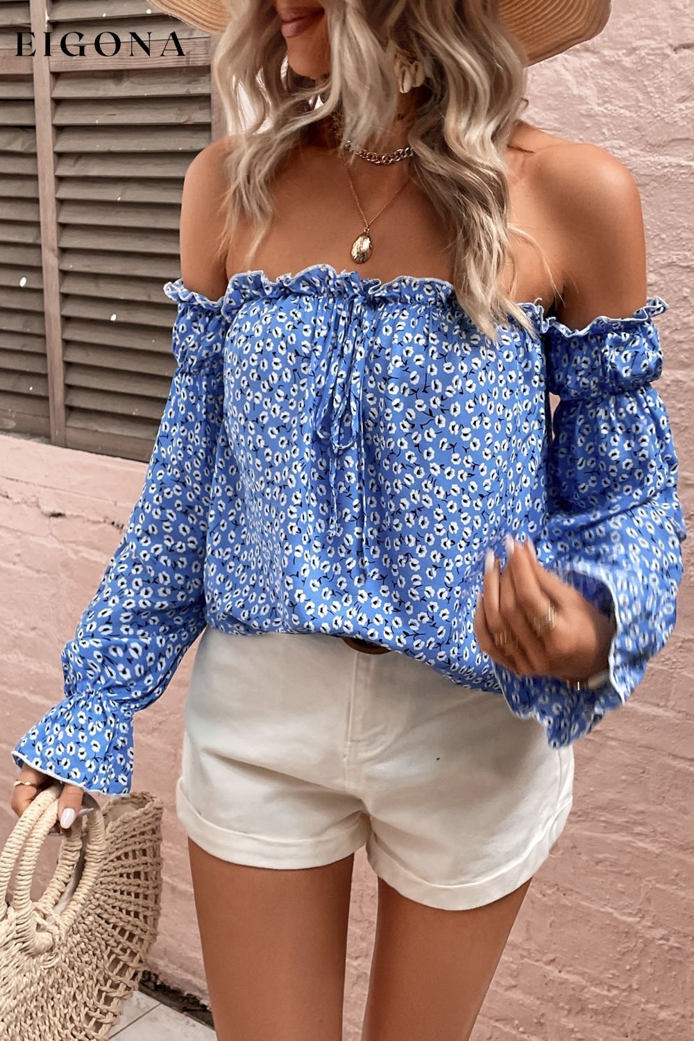 Off Shoulder Printed Frill Trim Blouse clothes Hanny long sleeve long sleeve shirts long sleeve top Ship From Overseas Shipping Delay 09/29/2023 - 10/04/2023 top tops trend