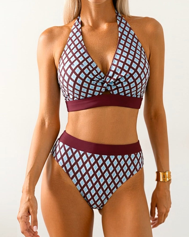 Geometric Diamond-Print Halter Bikini