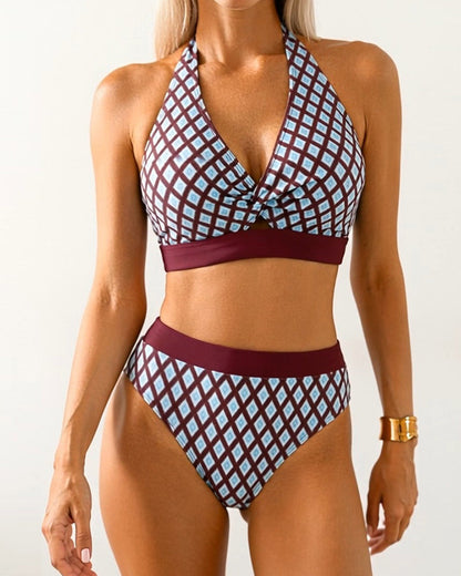 Geometric Diamond-Print Halter Bikini