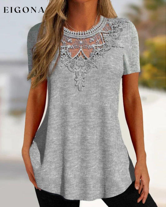 Round neck lace T-shirt Gray 23BF clothes Short Sleeve Tops Spring Summer T-shirts Tops/Blouses