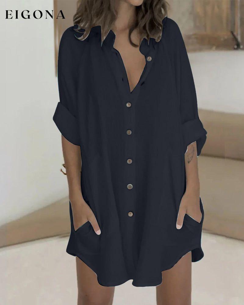 Button pocket solid shirt dress Black 23BF Casual Dresses Clothes Dresses Spring Summer