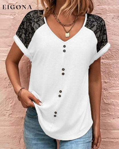V-neck Lace Color Block T-shirt White 23BF clothes Short Sleeve Tops Summer T-shirts Tops/Blouses