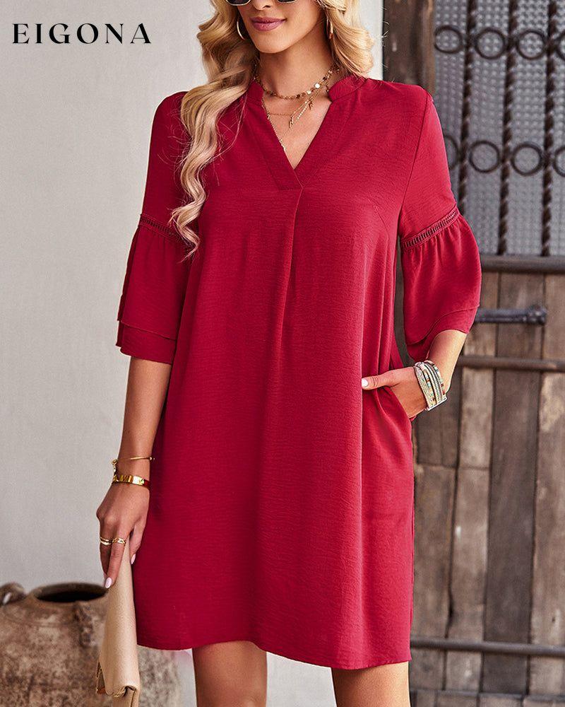 V-neck ruffle sleeve solid color dress 23BF Casual Dresses Clothes Dresses Spring Summer